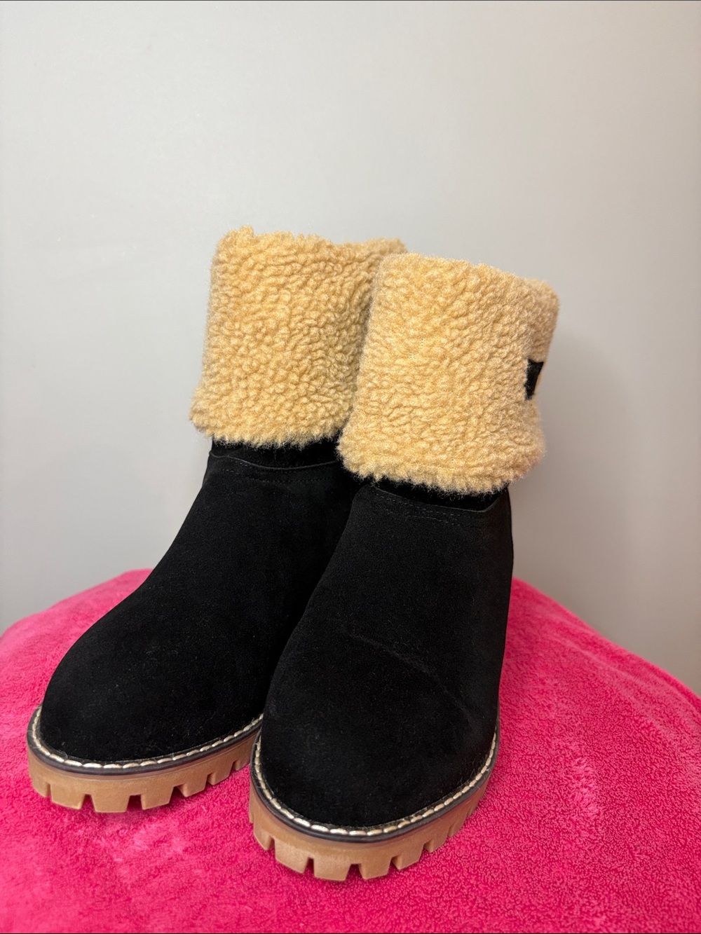 Black Suede Lug Sole Ankle Boots with Tan Faux Shearling Cuff